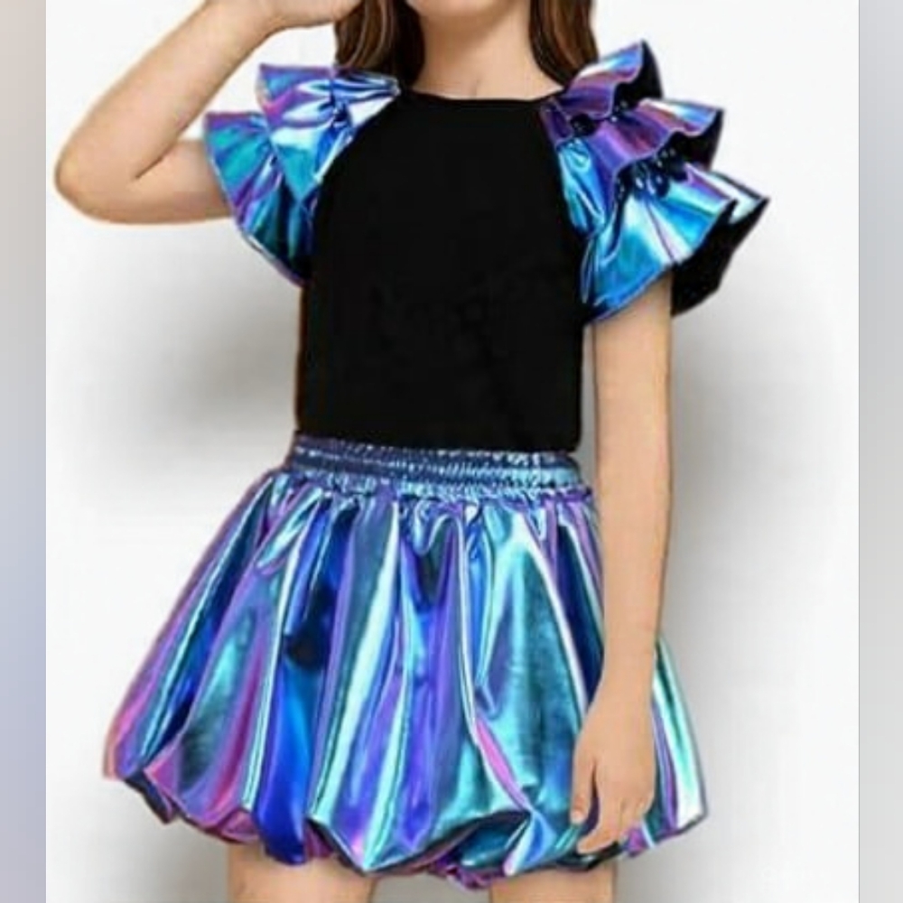 Iridescent Blue and Black Kids Bubble Skirt And Matching Ruffle Sleeves Top